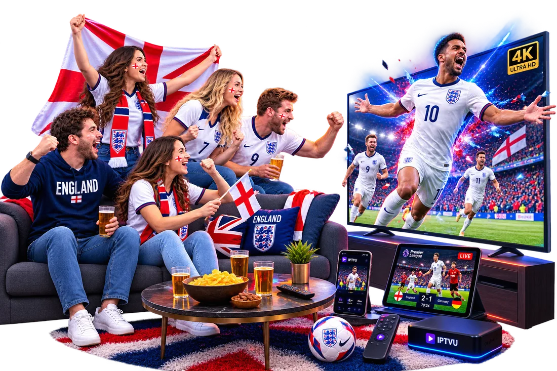 Friends in England shirts celebrating while watching TV together