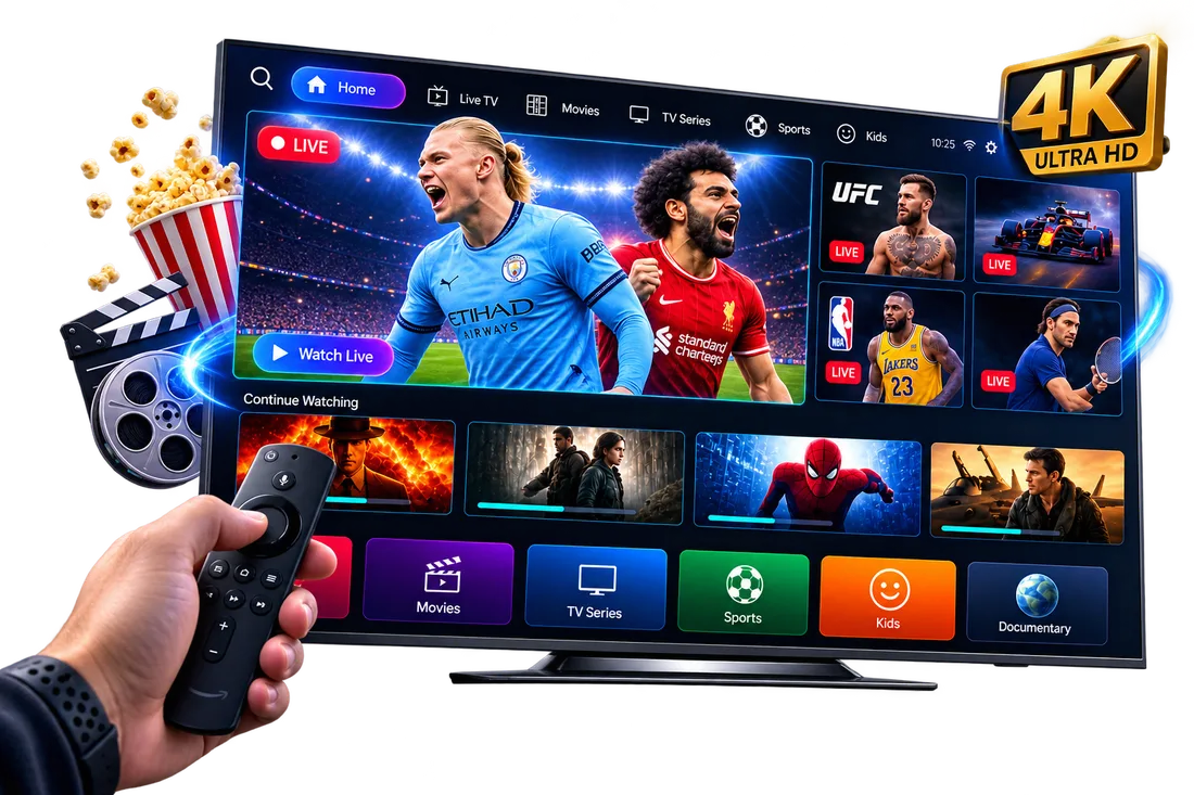 IPTV app home screen on a Smart TV with live TV, films, series and kids sections