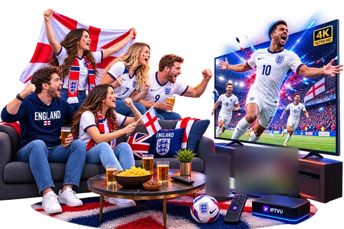 Friends in England shirts celebrating while watching live TV on a British IPTV service